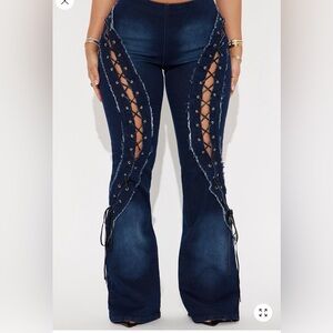 Fashion Nova Dark Blue Lace-Up Flare Jeans